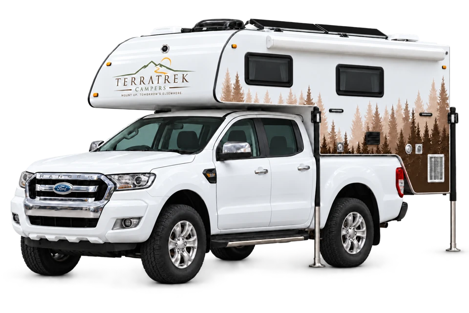 Illustration of a white pickup with the TerraTrek camper, front three-quarter view